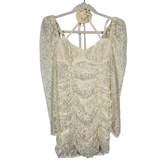 For Love & Lemons Belladonna Mini Dress Small Lace Rosette Long Sleeve Ruched - Picture 3 of 9